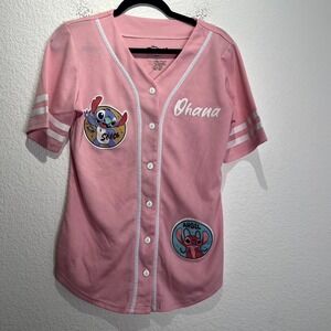 Disney Baseball Jersey Girls Large Pink Graphic Print Lilo & Stitch Angel Ohana